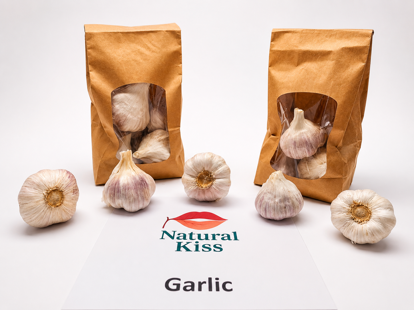 Natural Kiss garlic bags with fresh bulbs