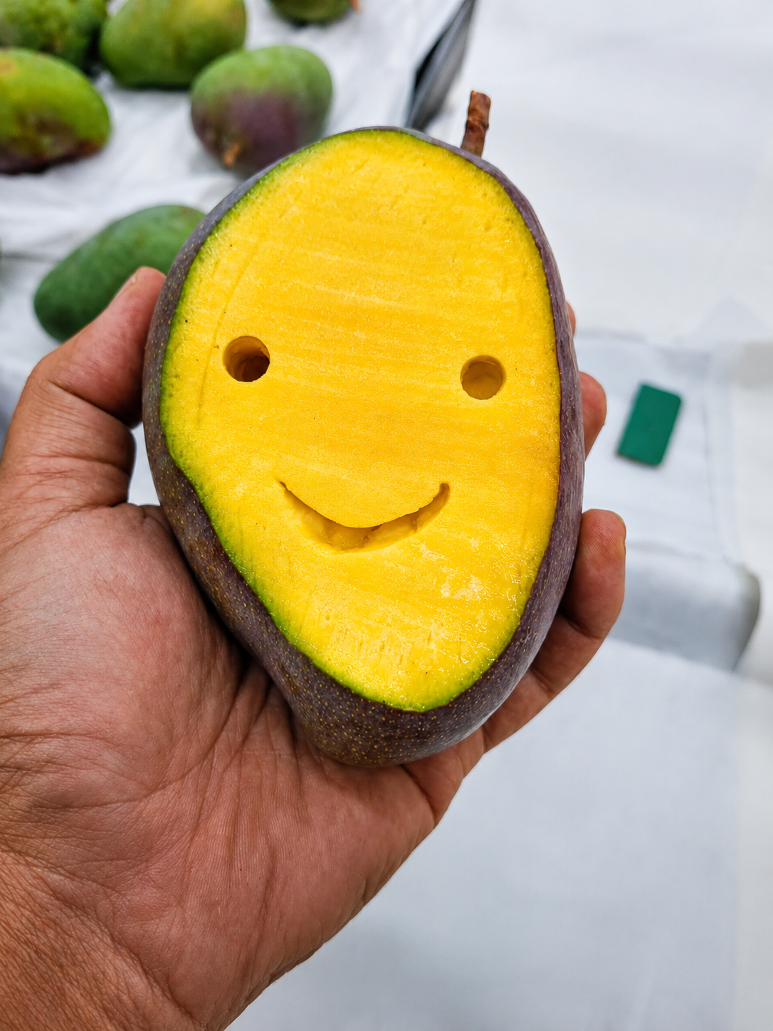Hand holding a freshly cut mango