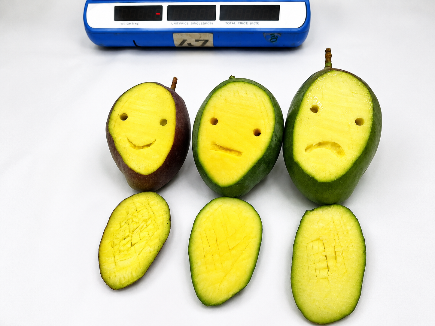 Mango ripeness check, cut samples